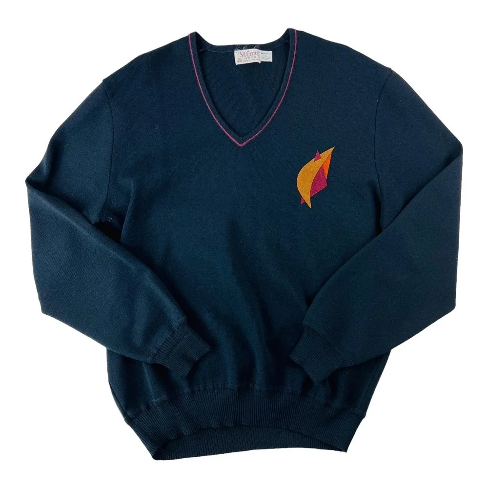 VTG St. Croix Black Knit Zephyr Wool V-Neck Sweater Made in US Mens Size Large L